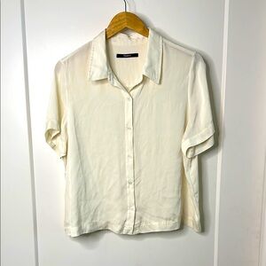 Silk White Button-Up Short Sleeve Blouse | XL